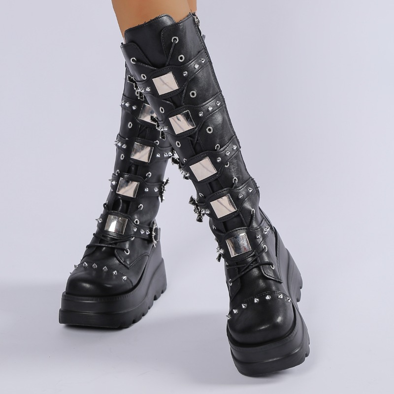 Knee High Boots Women - 검은색 롱 부츠, 여성용, 장식된 버클