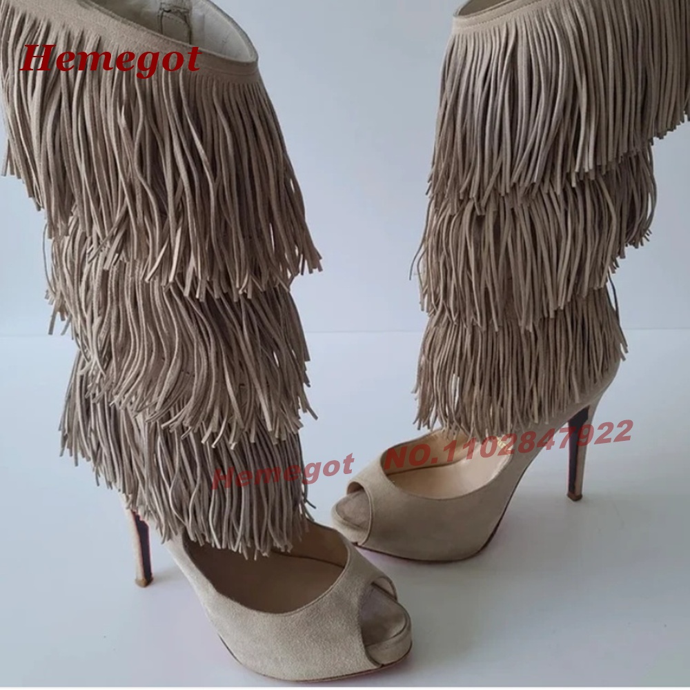 티어드 프린지 피프토 하이힐 샌들 부츠 스웨이드 플랫폼 - Knee High Boots Women 리뷰 및 가격