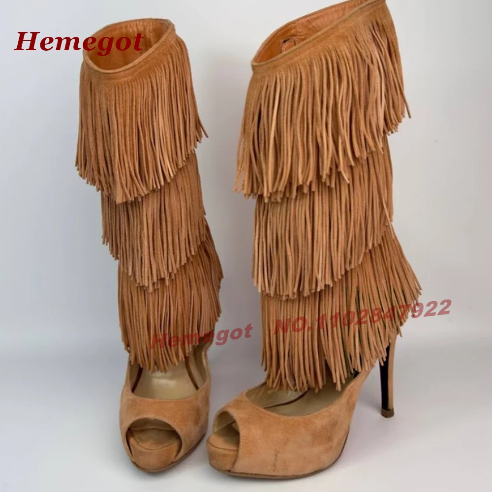 티어드 프린지 피프토 하이힐 샌들 부츠 스웨이드 플랫폼 - Knee High Boots Women 리뷰 및 가격