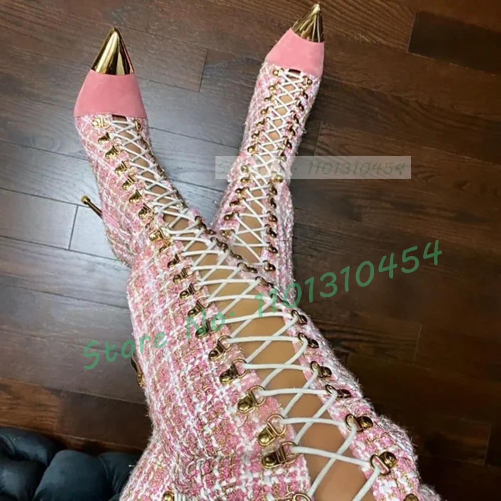 여성용 핑크 격자 무늬 할로우 키 부츠, 금속 포인트  - Sock Boot Women 리뷰 및 가격