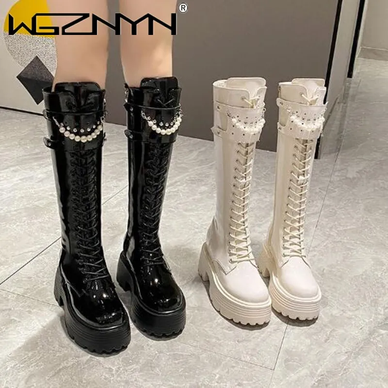 겨울 가죽 따뜻한 플러시 부츠 여성 진주 무릎 높은 부 - Knee High Boots Women 리뷰 및 가격