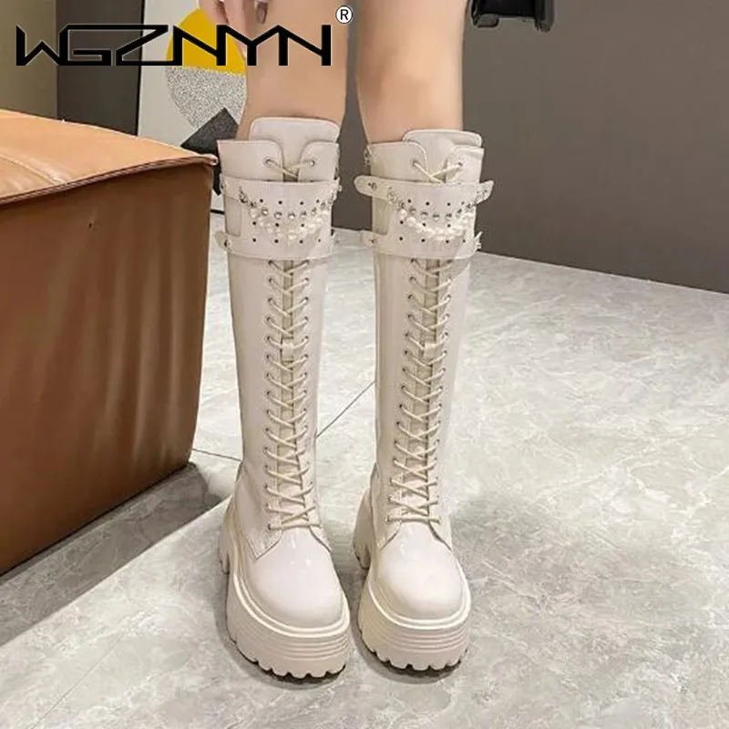 겨울 가죽 따뜻한 플러시 부츠 여성 진주 무릎 높은 부 - Knee High Boots Women 리뷰 및 가격