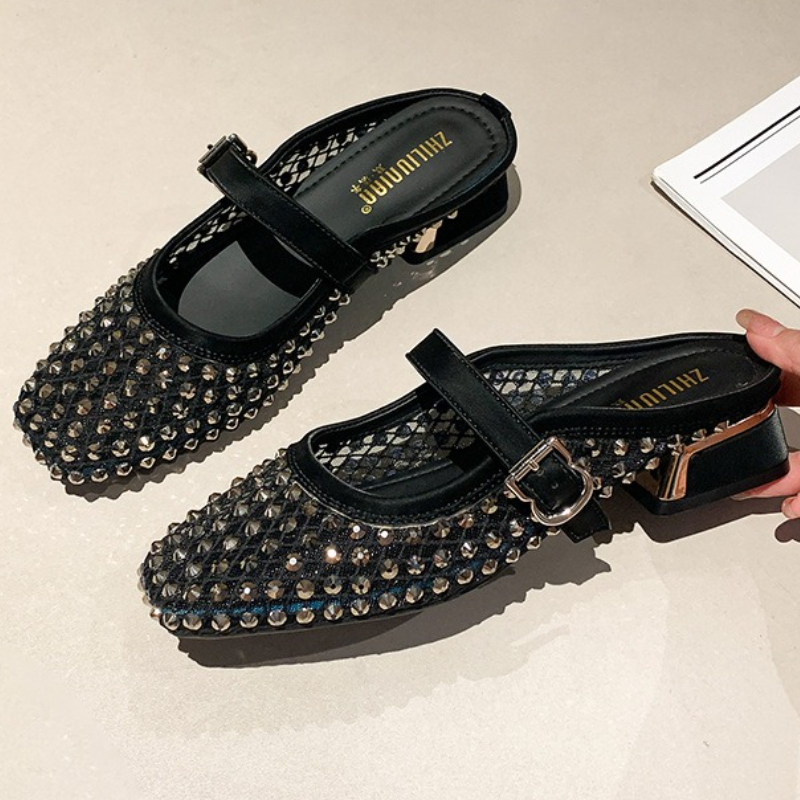 메쉬 라인스톤 청키 힐 뮬 슬리퍼 여성 통기성 여름 패 - Mule Slip On 리뷰 및 가격