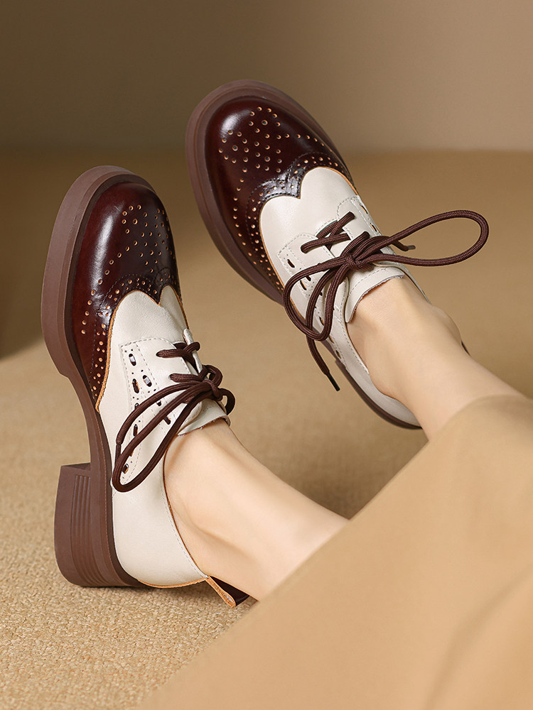 빈티지 배색 천연 가죽 브로그 슈즈 윙팁 천공 디자인  - Oxford Lace Up Women 리뷰 및 가격