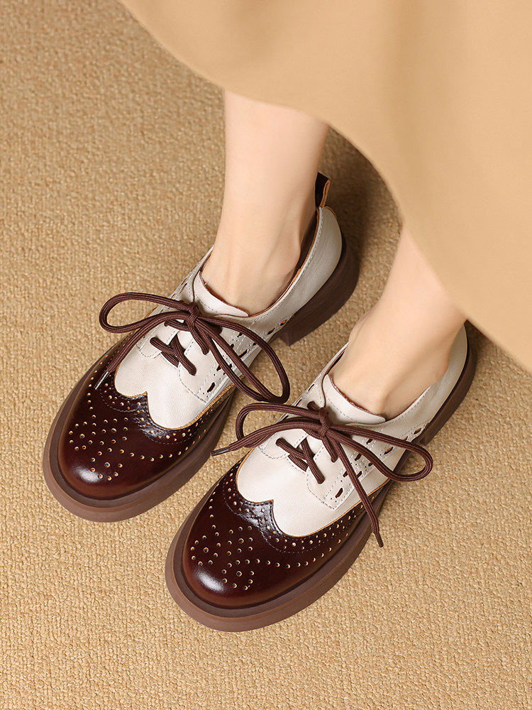 빈티지 배색 천연 가죽 브로그 슈즈 윙팁 천공 디자인  - Oxford Lace Up Women 리뷰 및 가격