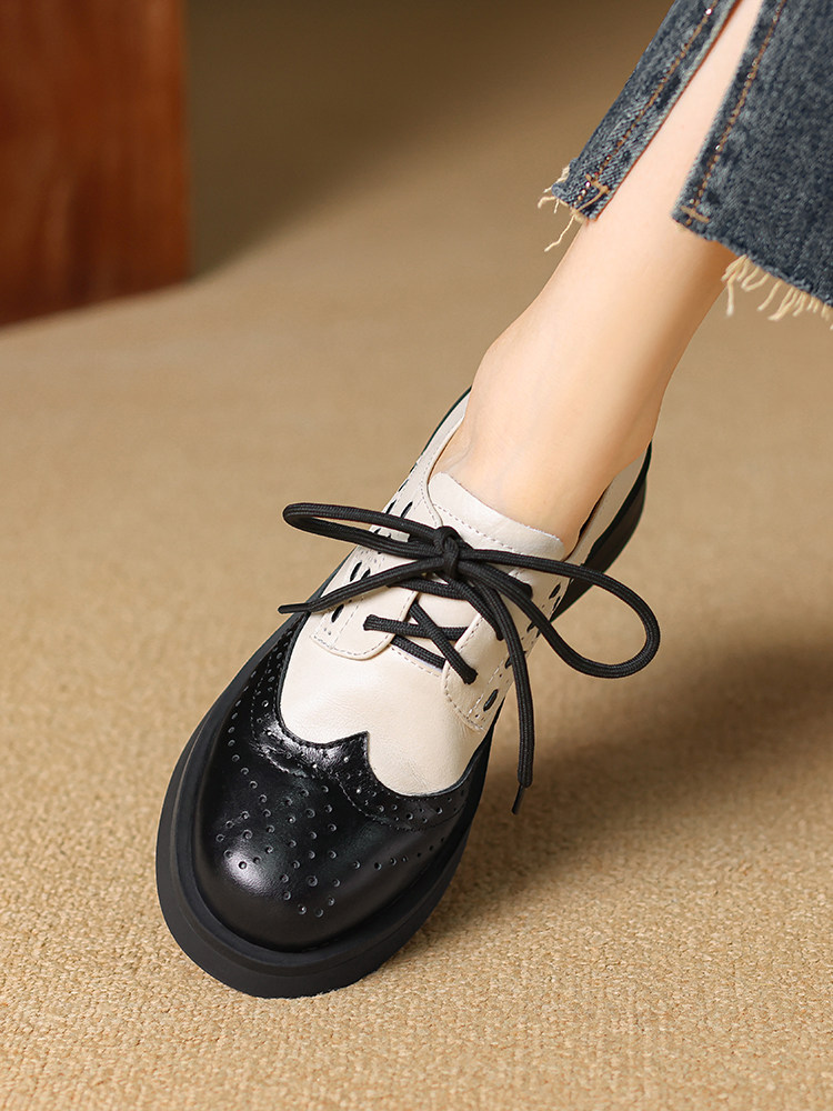 빈티지 배색 천연 가죽 브로그 슈즈 윙팁 천공 디자인  - Oxford Lace Up Women 리뷰 및 가격