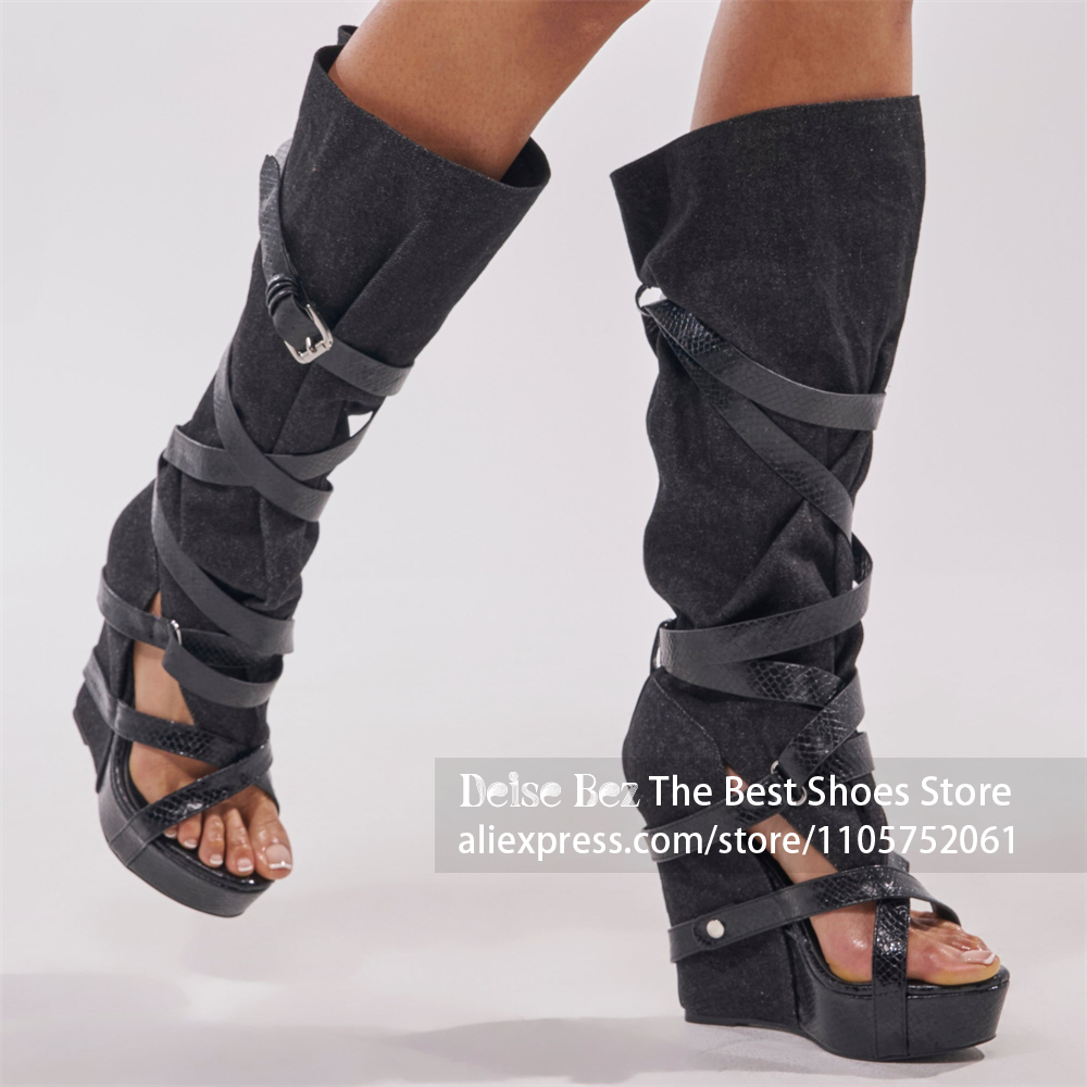 블랙 데님 웨지 힐 니하이 글래디에이터 부츠 크리스크로 - Knee High Boots Women 리뷰 및 가격