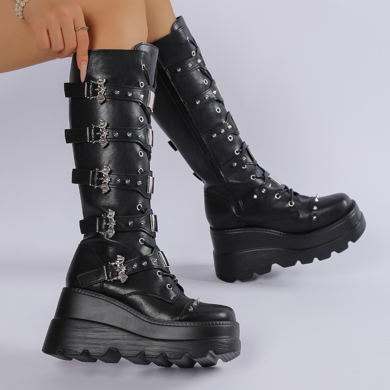 검은색 롱 부츠, 여성용, 장식된 버클 스트랩, 웨지힐 - Knee High Boots Women 리뷰 및 가격