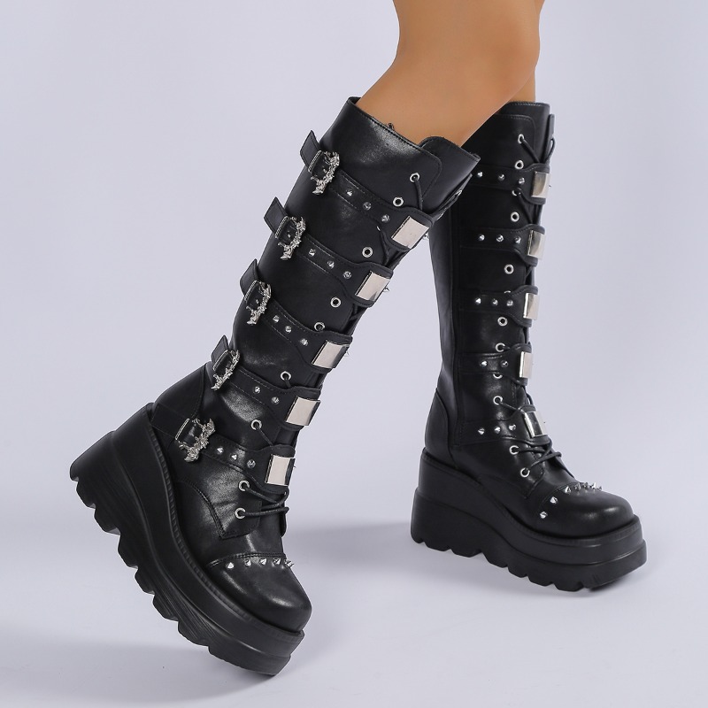 검은색 롱 부츠, 여성용, 장식된 버클 스트랩, 웨지힐 - Knee High Boots Women 리뷰 및 가격