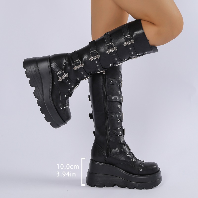검은색 롱 부츠, 여성용, 장식된 버클 스트랩, 웨지힐 - Knee High Boots Women 리뷰 및 가격